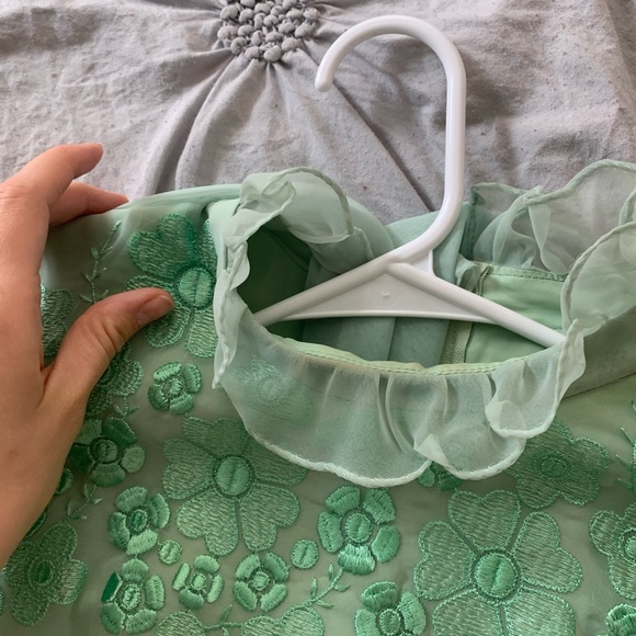 Vintage 1970s Dress Embroidered Green Mint Floral - Picture 6 of 6